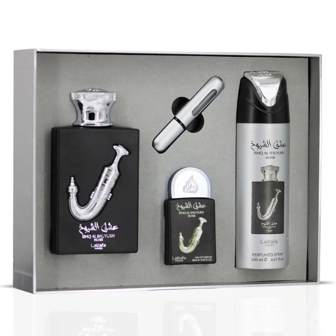 Lattafa Pride Ishq Al Shuyukh Silver Giftset EDP 100ml + 20ml + Deodorant 200ml